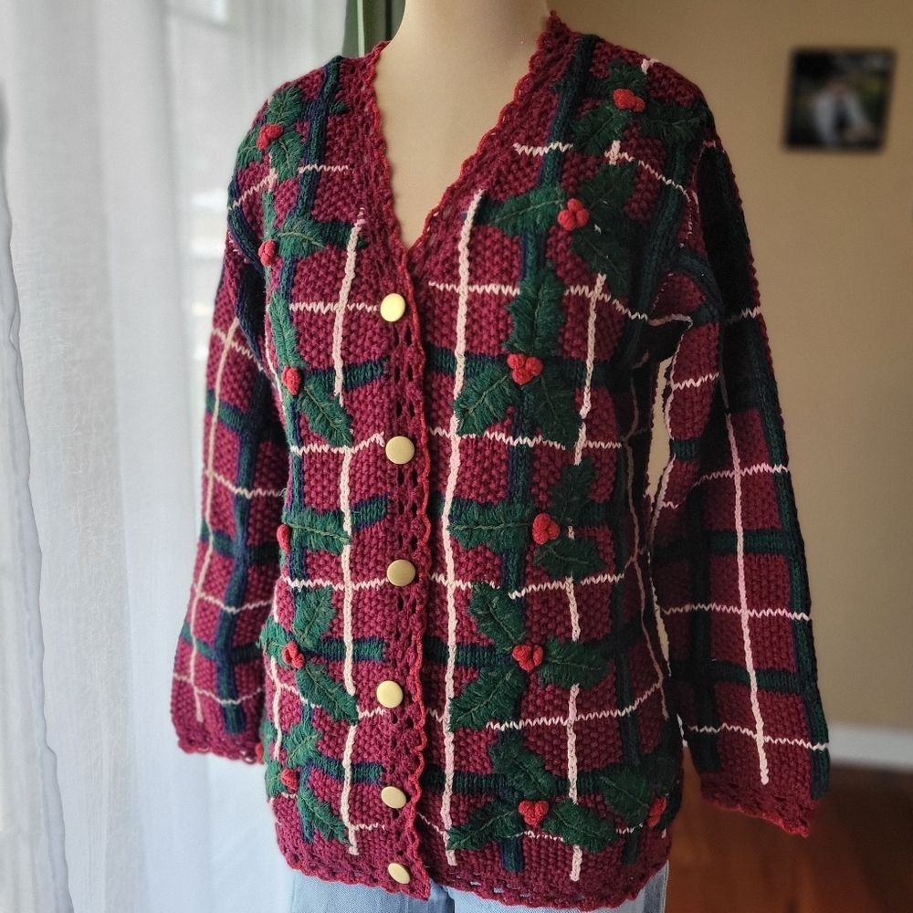 Amazing VTG Liz Sport Hand Knit Poinsettia Christmas Cardigan Sweater Size S